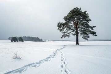 Obraz premium Lonely Pine Tree in Snowy Clearing Footprints Path Minimalist Winter Scene.