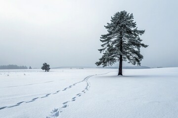 Obraz premium Lonely Pine Tree in Snowy Clearing Footprints Path Minimalist Winter Scene.