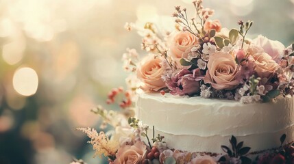 Elegant floral wedding cake design amidst a soft, dreamy bokeh background