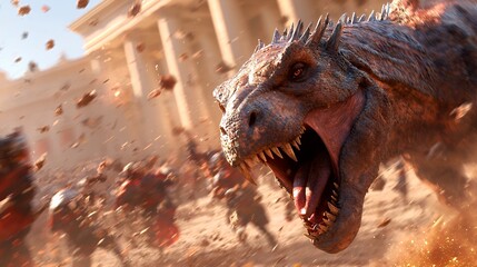 Dinosaur Roaring in Battle Scene