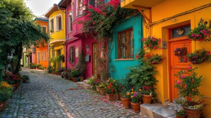 Fototapeta premium Vibrant Colorful Houses, Flowers, Cobblestone Street, Sunny Day, Picturesque European Town, Architecture, Travel Destination, Summer Vibes, Garden, Vacation, Holiday, Tourist Attraction