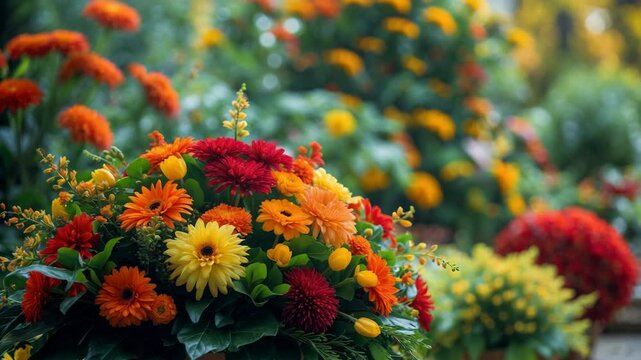 Focus on multicolored flowers in autumn to commemorate deceased family members.
