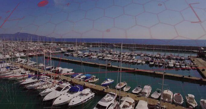 Animated flat design showing wooden piers extending inward, with sailboats and motor yachts