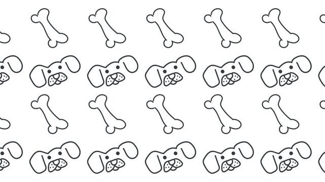 Rows of bones and drawn dog faces move across the screen. Animation on the theme of veterinary medicine, zoo and tasty food for pets.