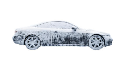 Frozen Snow Covered Car in Cityscape - Winter Vehicle Transportation Urban Scene