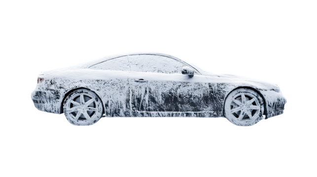 Frozen Snow Covered Car in Cityscape - Winter Vehicle Transportation Urban Scene