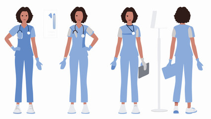 Fototapeta premium Four views of a female doctor in blue scrubs with stethoscope and medical equipment on white background