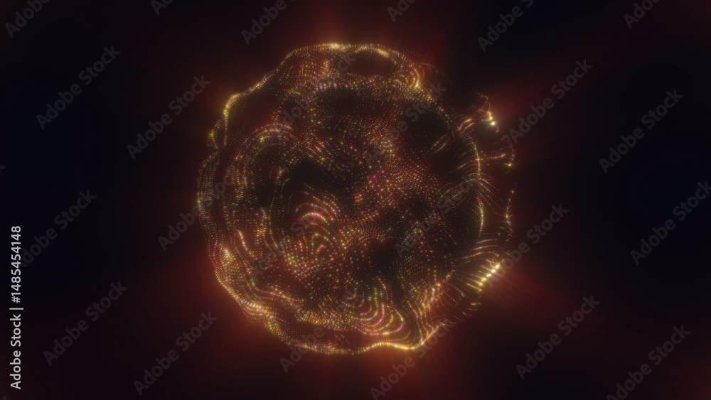 Poster a golden-hued glowing sphere made of intricate light patterns floating in a dark void