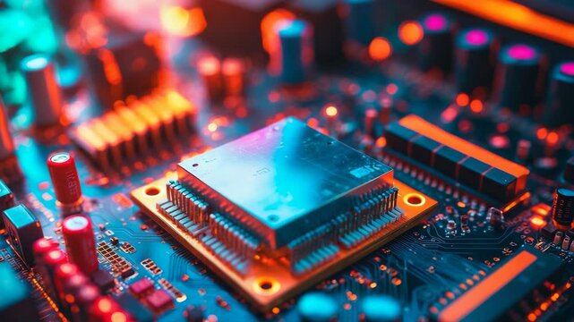 Close-up of a computer's CPU mounted on a motherboard showcasing semiconductor and electronic components