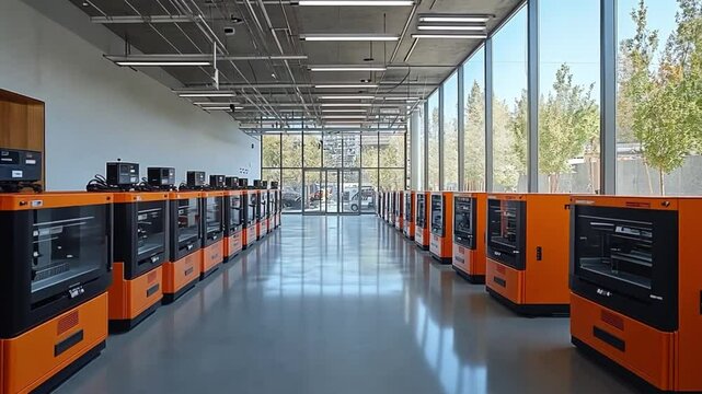 Modern Laboratory with Rows of Orange 3D Printers