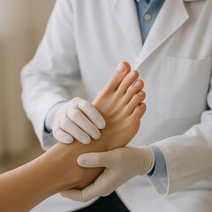 Medical examination of female patient's foot by caucasian doctor - obrazy, fototapety, plakaty