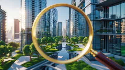 Magnifying glass viewing modern urban cityscape with skyscrapers and green spaces