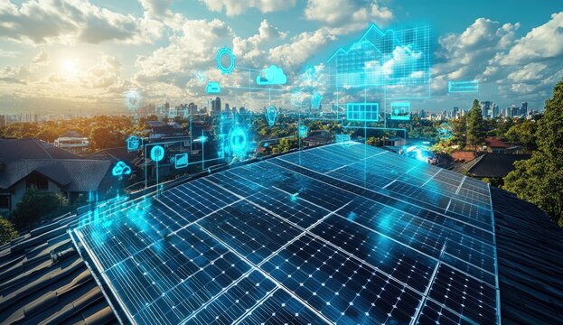 Smart solar panels on a rooftop (1) - Powered by Adobe