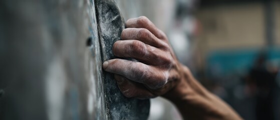Closeup of adult mans hand gripping climbing hold with chalk dust indoors Concept of strength, determination, and indoor rock climbing
