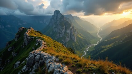 Panoramic dawn view of Serra do Candan with moody clouds over soft mountain silhouettes and dense woodland.