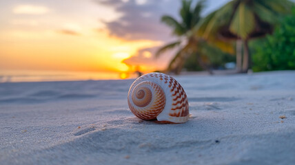 Seashell on Sandy Beach: A beautiful seashell rests on a pristine sandy beach, framed by the breathtaking hues of a setting sun, invoking tranquility and serenity.