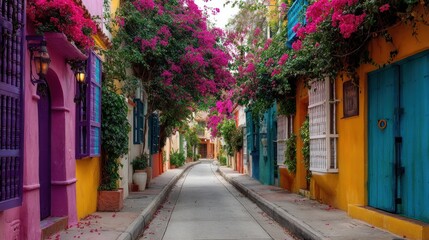 Obraz premium Vibrant Street Scene in Colorful City, Blooming Bougainvillea