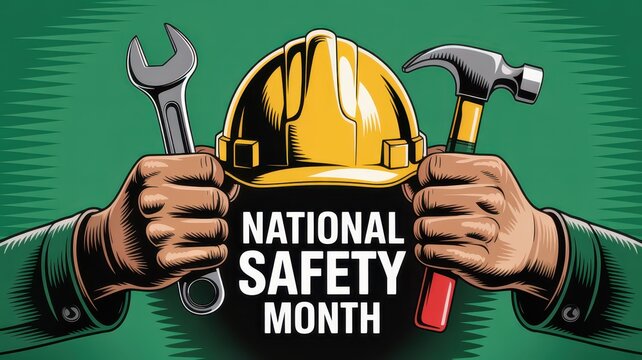 National Safety Month Promotional Graphic with Tools and Hard Hat - Powered by Adobe