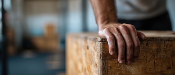 Closeup of muscular adult mans hand resting on wooden plyometric box in gym Concept of strength, crossfit training, and fitness