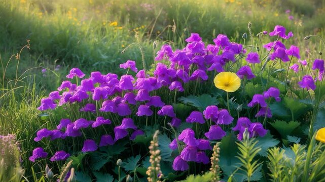 A significant summer display of Winecups with cup-shaped vivid pink poppy mallows thriving in dense green vegetation in a meadow. Horizontal video.