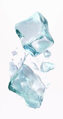 Obraz premium Ice cubes shattering in mid-air, frozen water droplets