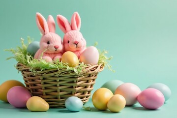 Colorful Easter candy eggs and bunnies in a basket, springtime treats , pastel, delicious treats, springtime