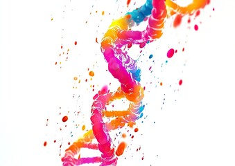 Vibrant DNA helix, dynamic and colorful, with splashes