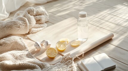 A bottle of water and a few lemons are on a table