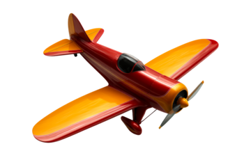 Colorful toy airplane model flying against a transparent background
