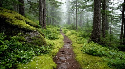 Fototapeta premium Misty forest trail winding through mossy landscape