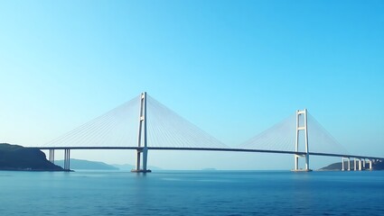 Obraz premium Modern cable stayed bridge spanning calm blue waters on a clear sunny day