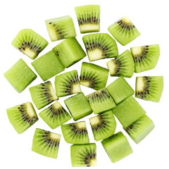 Freshly cut green kiwi cubes arranged artistically on a white background