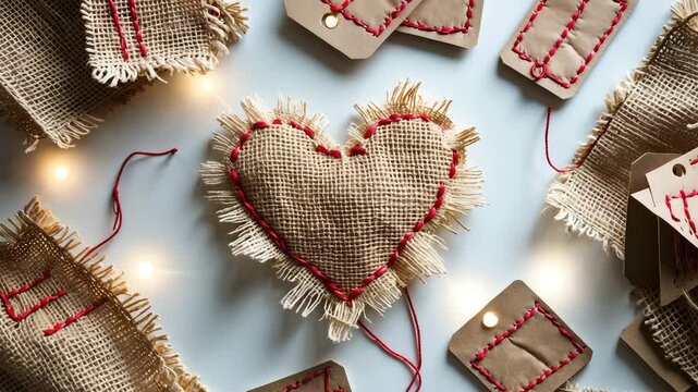 Sackcloth Heart Tag Label with Stitching, Isolated Against Backdrop