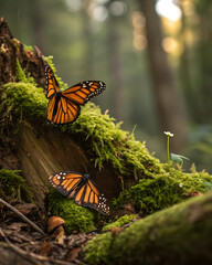 Monarch Butterflies on a Mossy Log in Forest