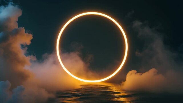 Sci-fi modern style with a geometric circle and round mystical portal surrounded by futuristic smoke on a dark background