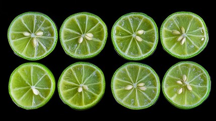 Fototapeta premium A close up of several lime slices, each with a small seed in the center