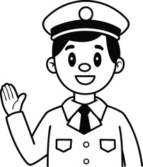 a friendly police officer waving hello with transport outline illustration