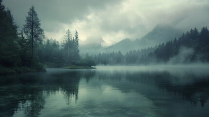 Serene Foggy Lake Landscape with Mountain Reflection