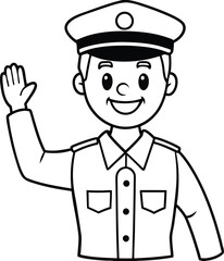 a friendly police officer waving hello with transport outline illustration