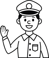 a friendly police officer waving hello with transport outline illustration