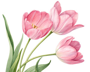 Obraz premium Seamless watercolor pattern with pink tulips on a white background. Hand-painted floral design perfect for spring themes, fabric prints, wallpapers, and invitations
