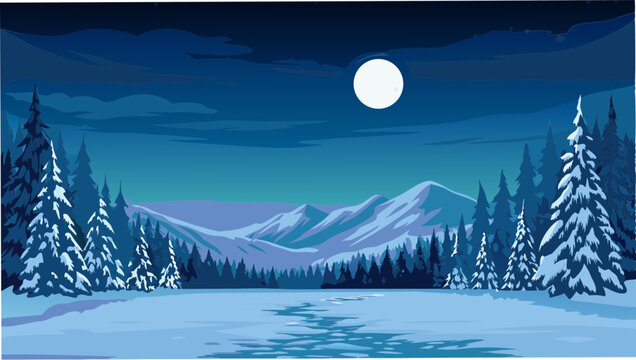 A winter landscape shows snow covered trees mountains and a bright full moon in the night sky view