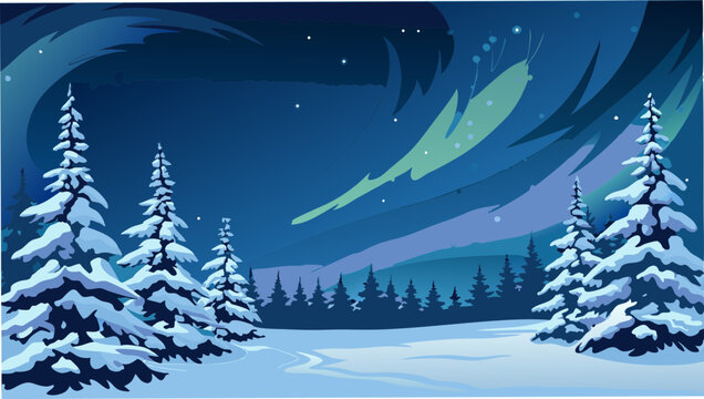 Winter landscape with snow covered trees and aurora borealis in the night sky creating a scenic view