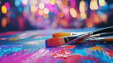 Fototapeta premium Vibrant paint tools on colorful canvas surface create artistic atmosphere, inspiring creativity and expression