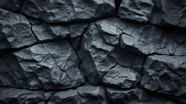 Black rocky surface background. Detailed close-up of a stone wall. Textured area featuring cracks. Modern grunge backdrop offering design space. Natural setting.