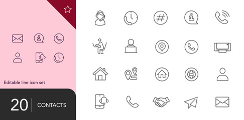 Contacts. A set of editable icons. Vector image. Addresses, contacts, technical support, communication icons.