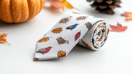 Playful Thanksgiving tie featuring colorful birds and leaves, perfect for festive occasions and celebrations