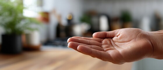 Open palm of a lightskinned adult hand offering or receiving something in a bright kitchen Concept of giving, receiving, and generosity