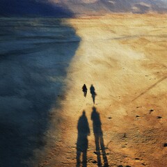 Silhouette shadows of two people walking across a desert landscape.
