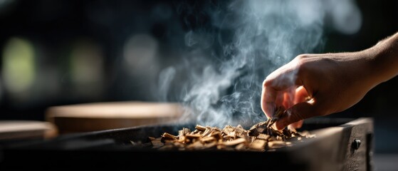 Closeup of Caucasian adult hand adding wood chips to smoker box with rising smoke Concept of grilling, barbecue, cooking outdoors, and summer